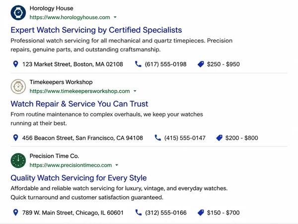 Search results for watch servicing with three complete listings, the first a watch specialist