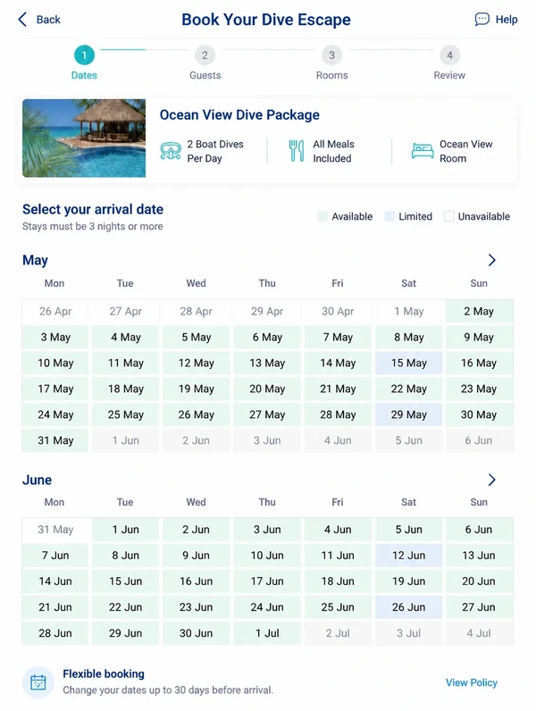 A trip search on a phone showing dates months ahead