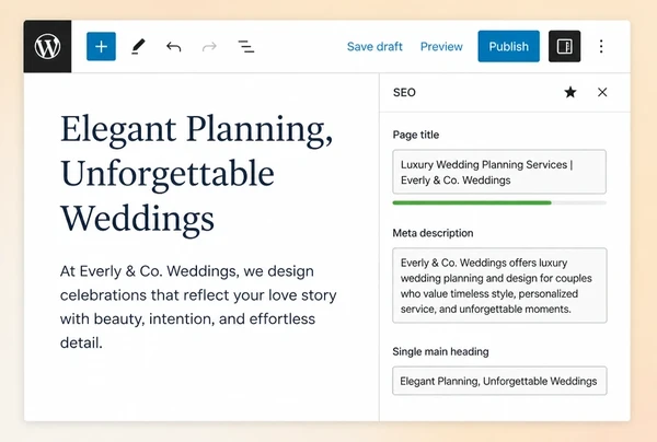 A WordPress editor showing the title, description and heading set for a wedding planner service page