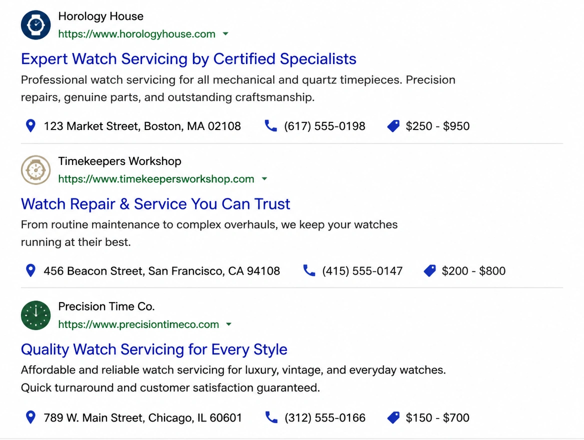 Search results for watch servicing with three complete listings, the first a watch specialist