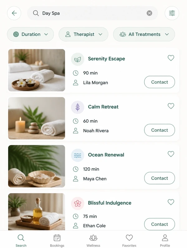 A day spa search on a phone showing duration and therapist, with a contact button