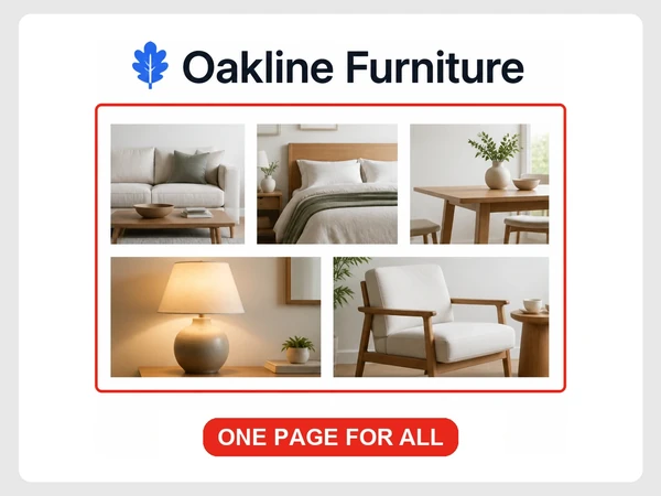 Oakline Furniture crams five different product types into one crowded All products website page.