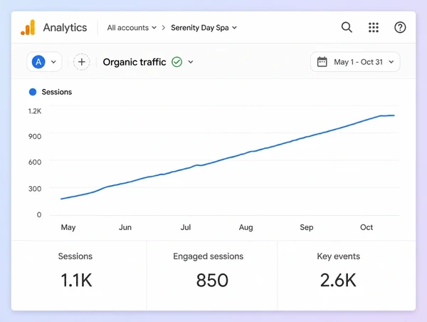 A Google Analytics chart for a day spa showing organic sessions rising across six months
