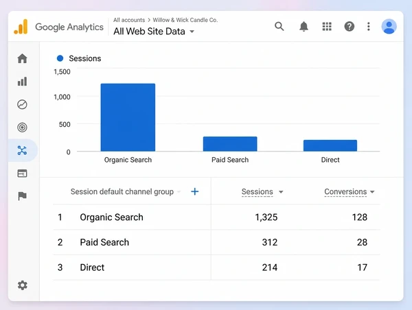 A Google Analytics report for a candle maker comparing organic, paid and direct sessions