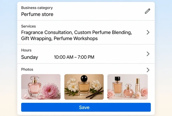 A Google Business Profile edit screen for a perfumery showing category, services, hours and photos