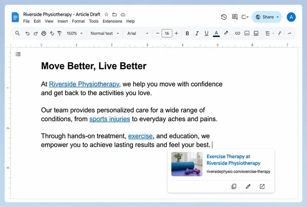 A Google Docs draft for a physiotherapy practice with three internal links and one link preview open