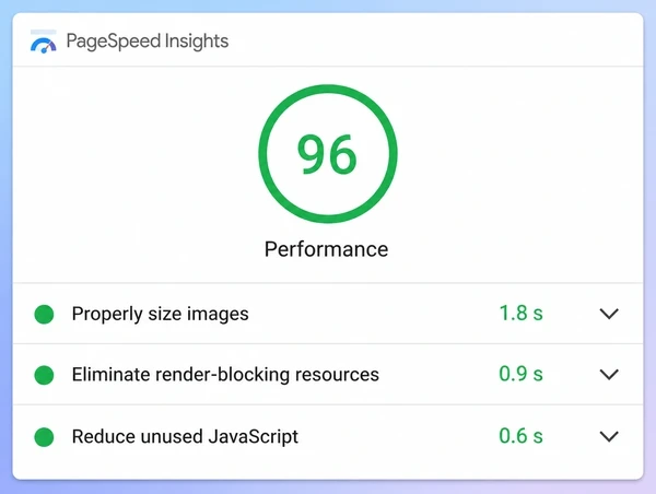 A PageSpeed Insights result for a podiatry practice site with a score and three diagnostic rows