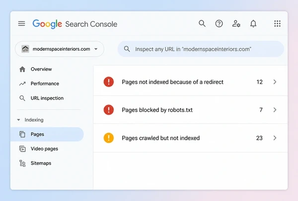 A Search Console indexing report for an interior design studio site showing three groups of unindexed pages