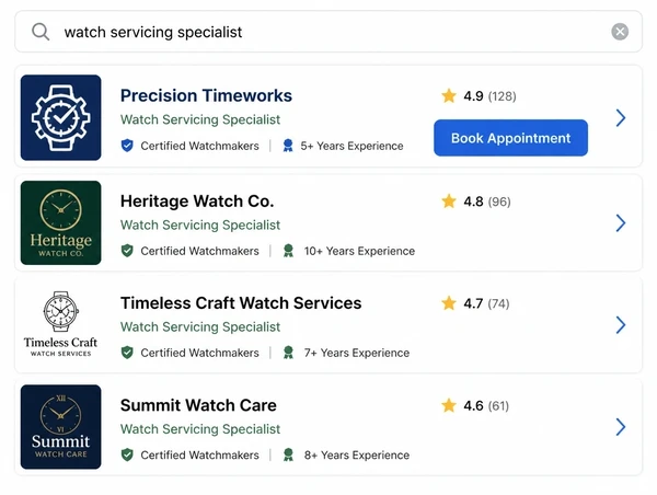 A search result where a watch servicing specialist ranks first with a book appointment button