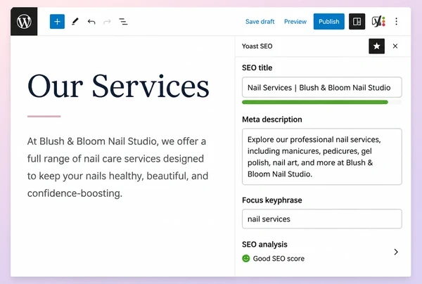 A WordPress editor showing the title, description and heading set for a nail studio service page