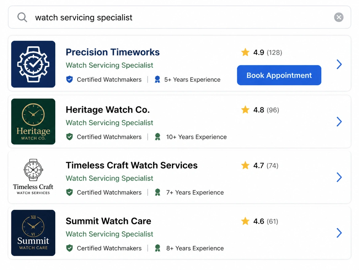A search result where a watch servicing specialist ranks first with a book appointment button