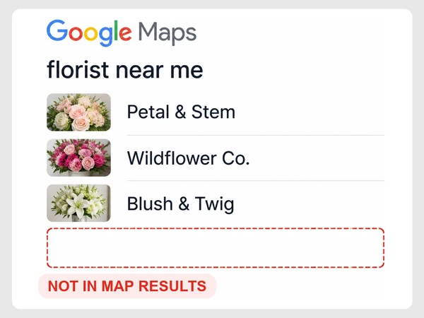 Google Maps florist results leave an empty slot where Fern & Bloom should appear.