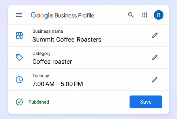 A Google Business Profile editor showing the business name, category and Tuesday opening hours