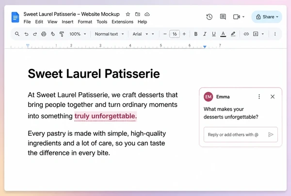 A Google Doc rewrite of a page with one tracked edit and an editor comment in the margin