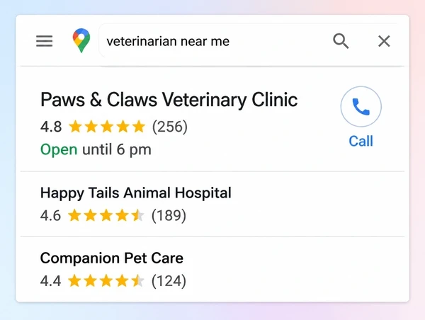 A Google Maps results panel with three veterinary practices, the first showing a rating and call button