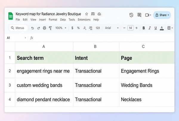A Google Sheets keyword map pairing three search terms with the page chosen to answer each