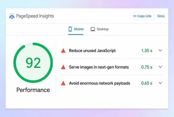 A PageSpeed Insights result with a performance score and three diagnostics to fix