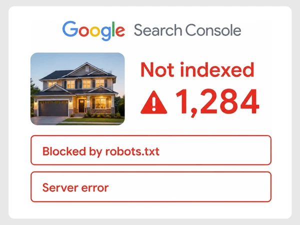 Harbourline Realty Search Console shows 1,284 pages not indexed from robots blocking and server errors.