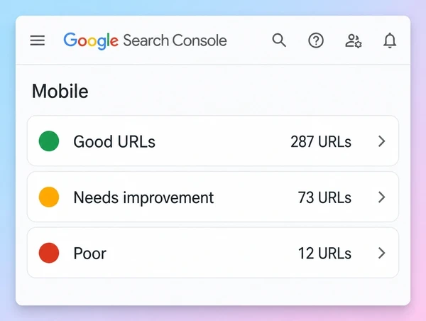 A Search Console Core Web Vitals summary with three status rows and a page count on each