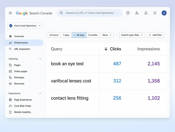A Search Console queries table showing three buying searches with clicks and impressions