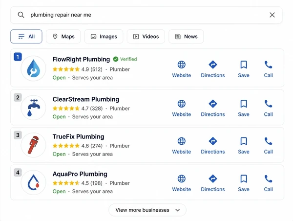 Search results page showing a business ranking first for its service