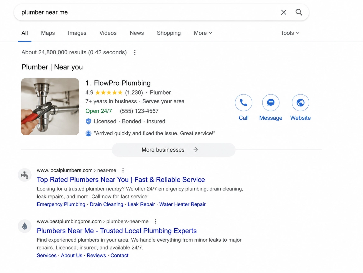 Search results page showing a business ranking first for its service
