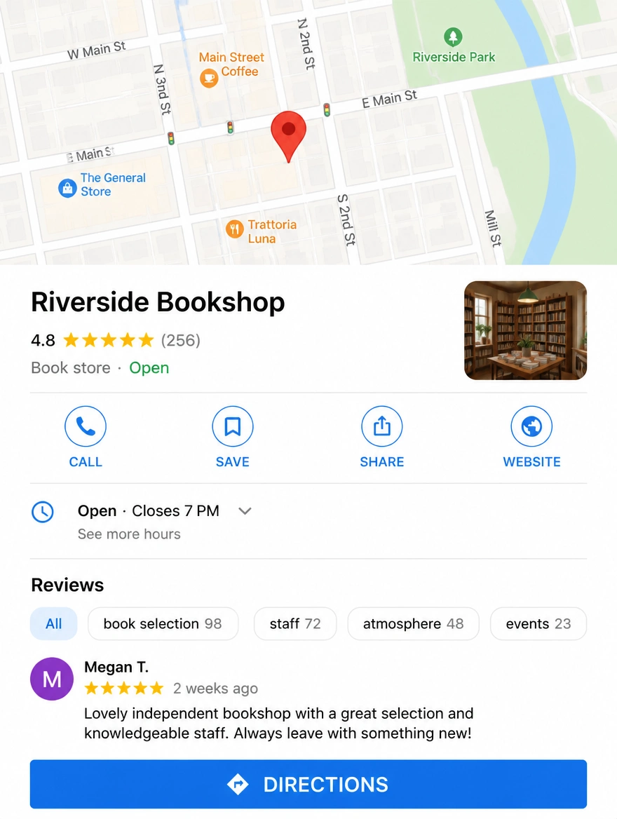 Map results with a business listing, reviews and directions