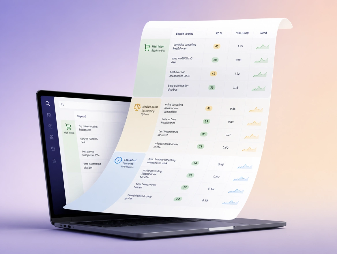 Website mockup showing keyword and intent research