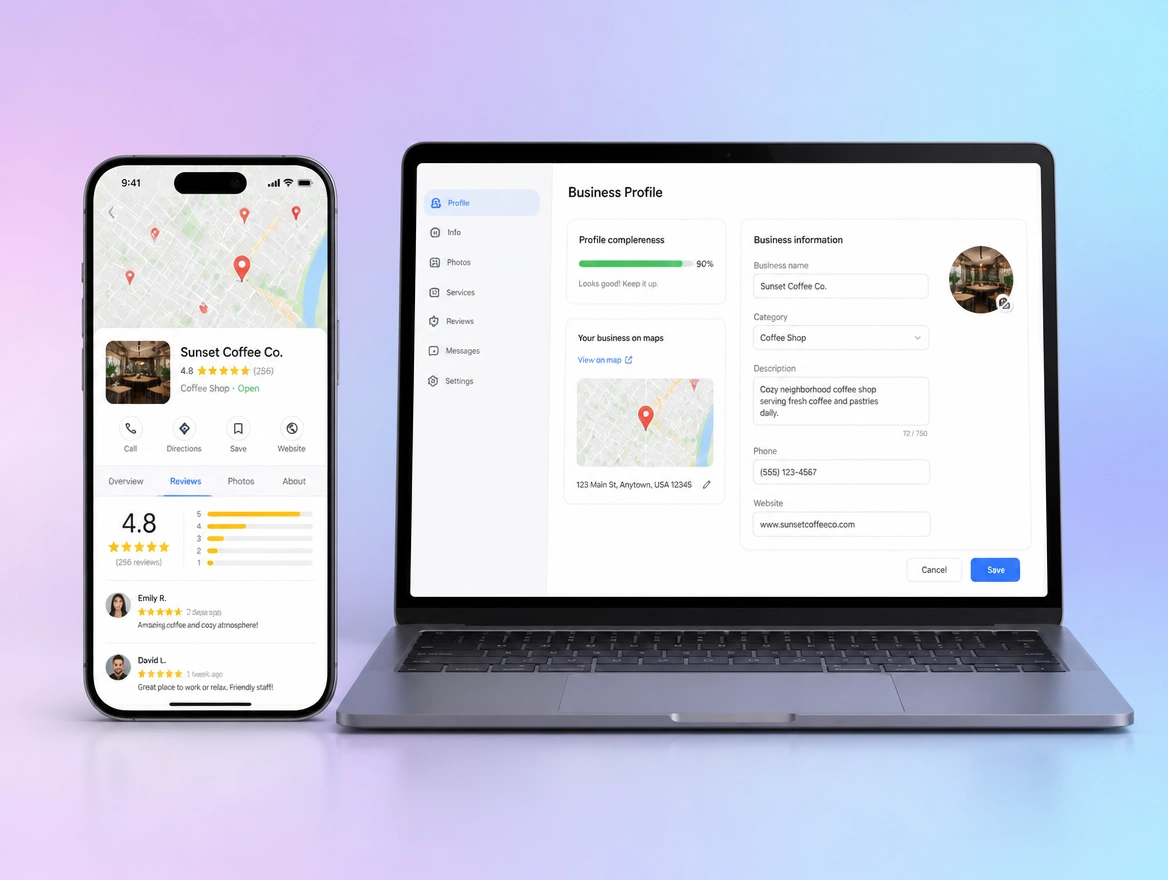Website mockup showing local seo and google business profile