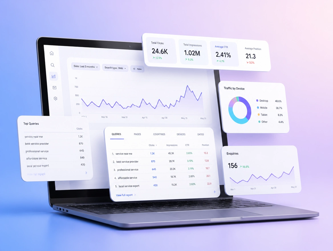 Website mockup showing reporting and review