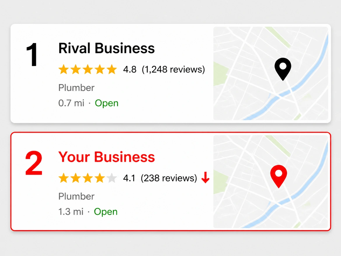 Two competing search listings with a rival business ranked above