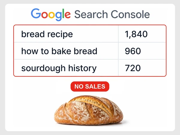 Golden Crust Bakery gets 1,840, 960, and 720 clicks from informational bread queries but no sales.