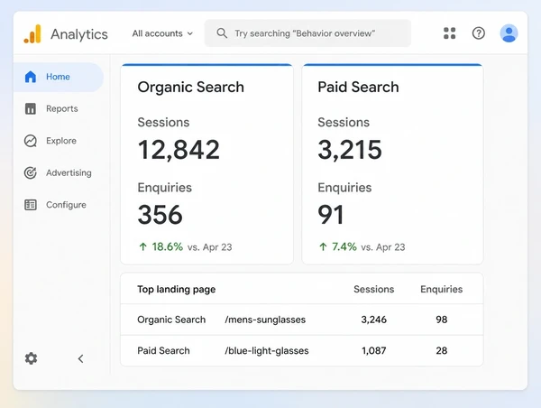 A Google Analytics panel for an eyewear brand comparing organic and paid sessions and enquiries