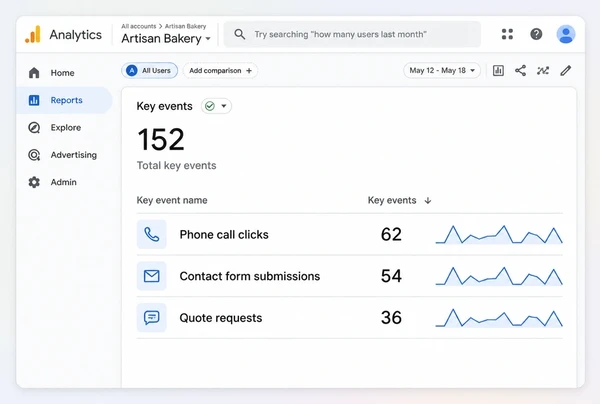 A Google Analytics key events report for an artisan bakery counting calls, forms and enquiries
