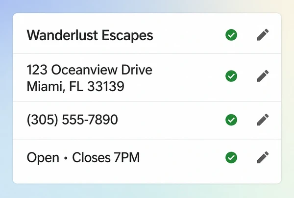 A Google Business Profile information screen for a travel agency with name, address, phone and hours