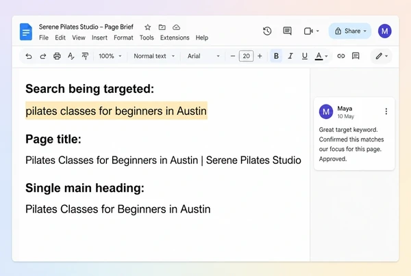 A Google Docs page brief for a pilates studio setting out the search, title and heading