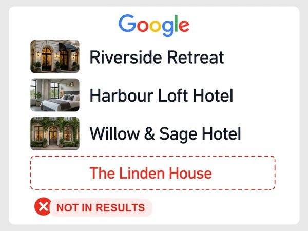The Linden House is missing from Google results beneath three rival boutique hotels.
