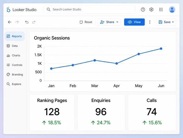 A Looker Studio dashboard for a real estate agency showing six months of sessions and three totals
