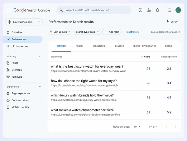 A Search Console query table for a luxury watch retailer showing four searches and the pages they reached