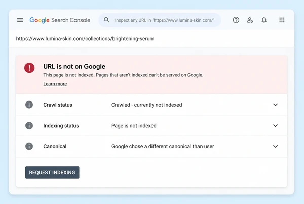 A Search Console URL inspection for a skincare brand page showing it is not indexed