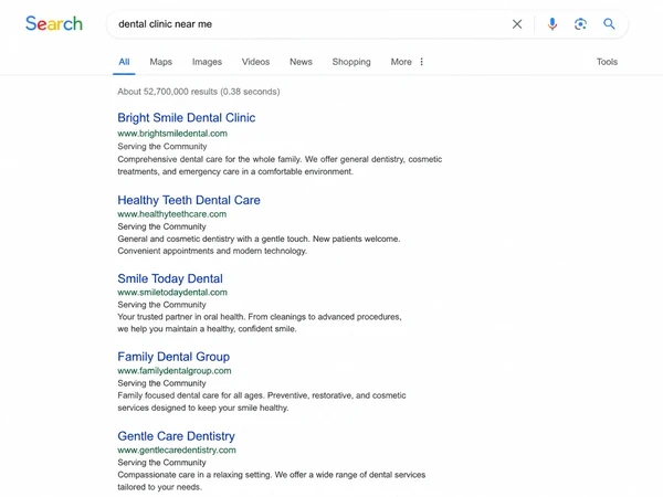 A search results page with an organic listing ranked first for a service