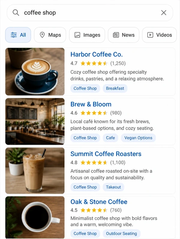 A search results page on a phone with an organic listing at the top