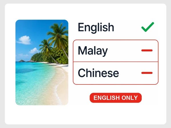 Island Trails Tours supports English while Malay and Chinese each show a red dash.