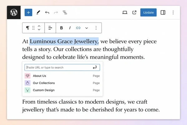 A WordPress editor for a jewellery boutique article with the insert link box open over a phrase