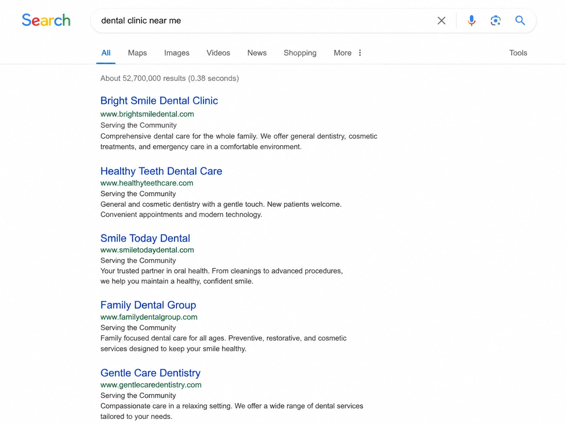 A search results page with an organic listing ranked first for a service