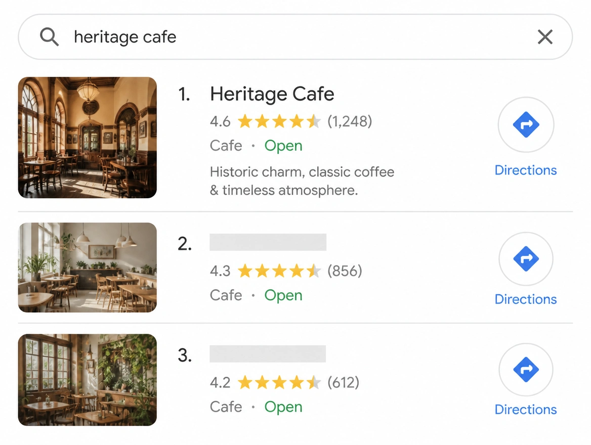 A search result where a heritage cafe ranks first with reviews and directions