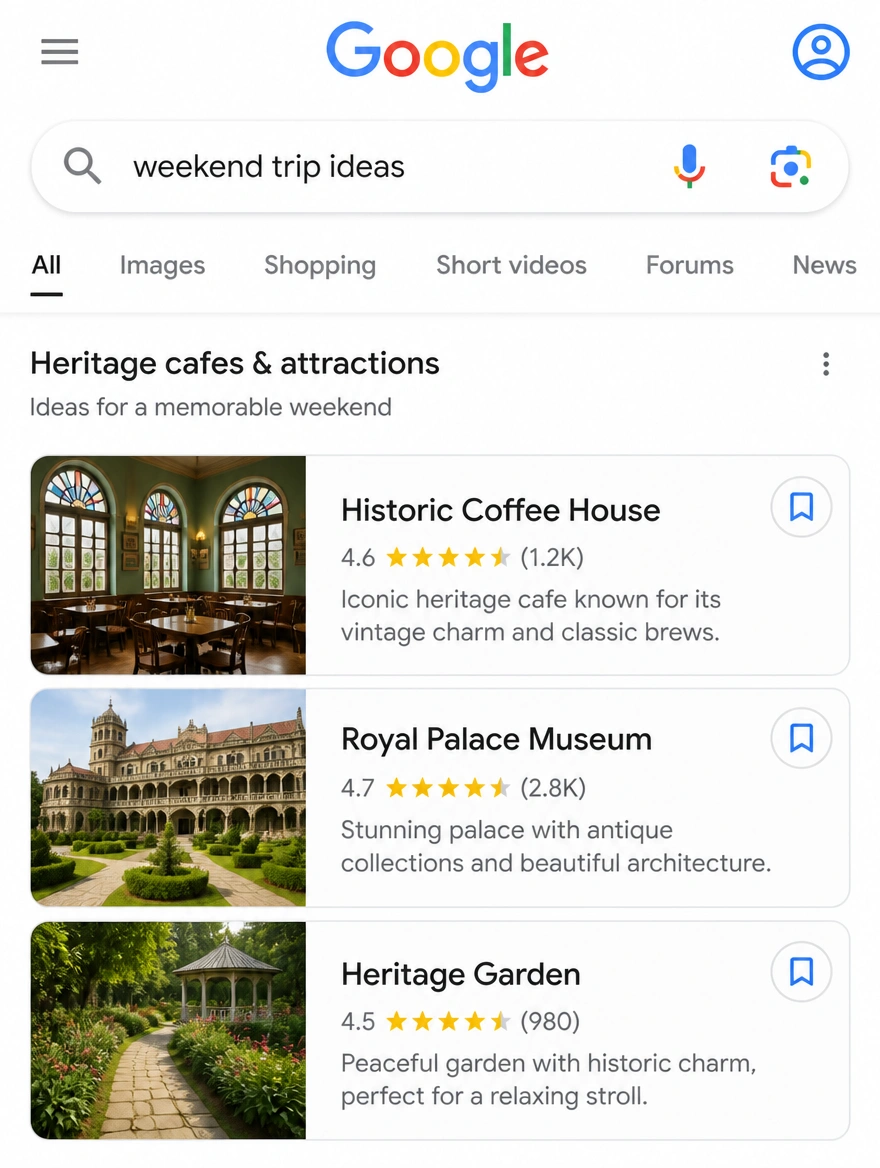 A weekend trip search on a phone showing places to visit