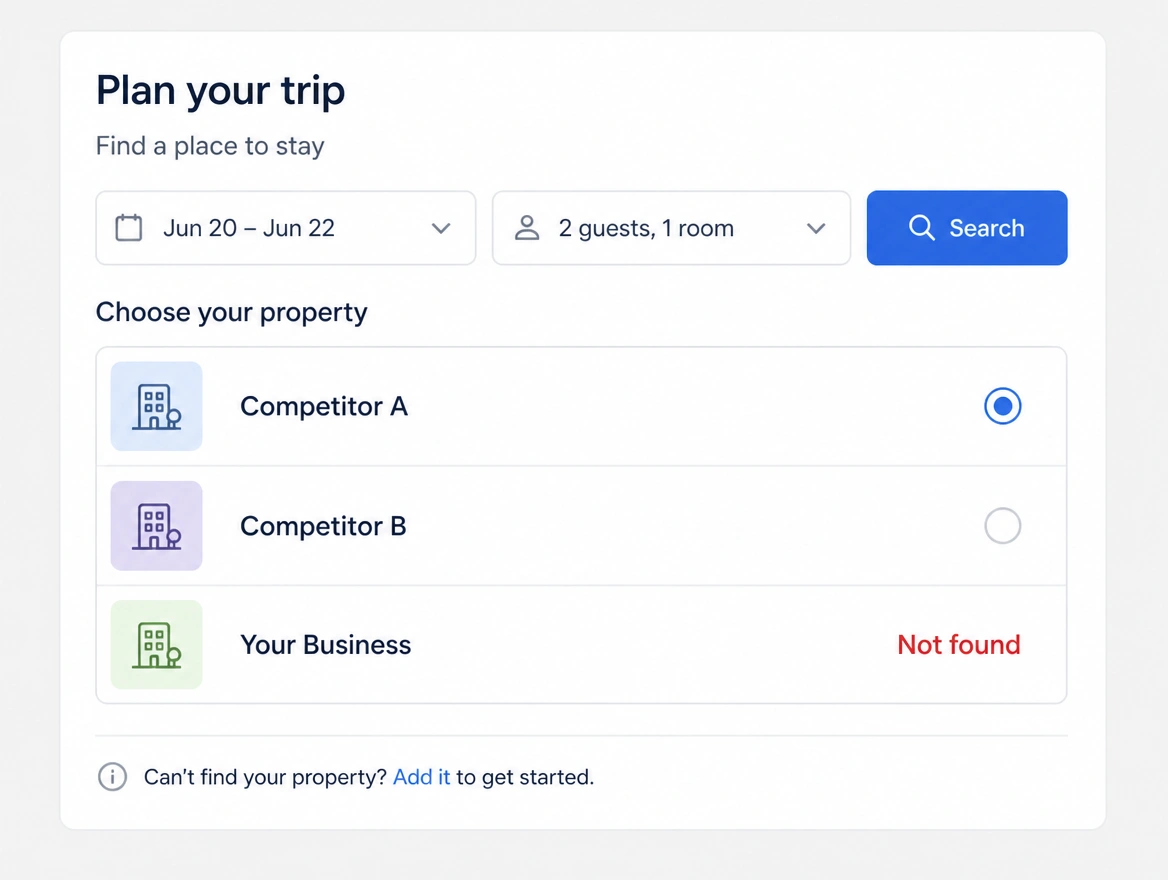 A trip planning search where a competitor is chosen and the business is not found