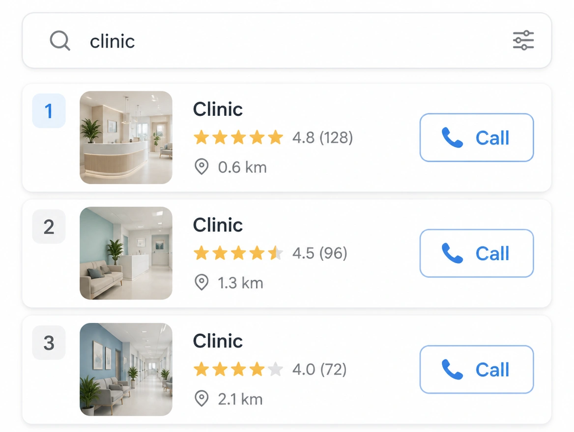 A search result where a clinic ranks first with a call button and a distance