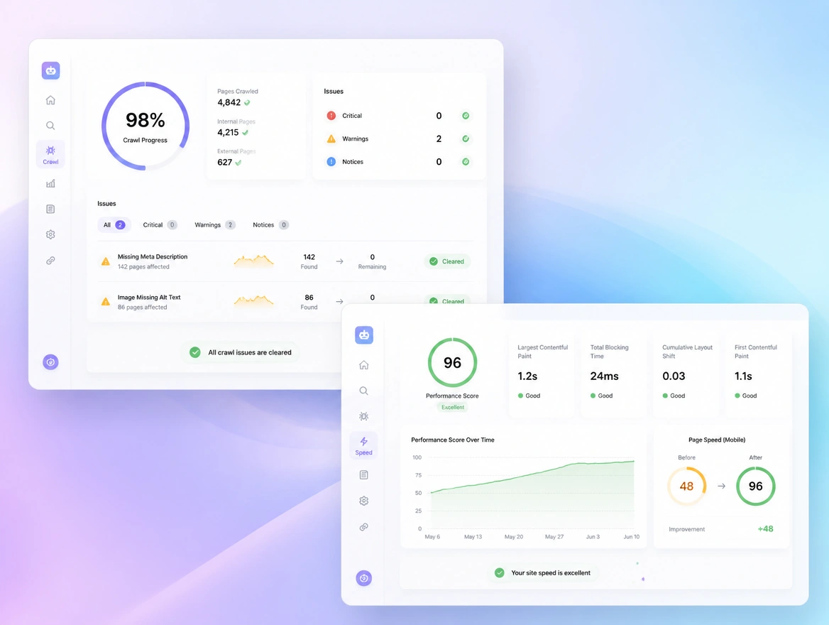 Website mockup showing technical fixes